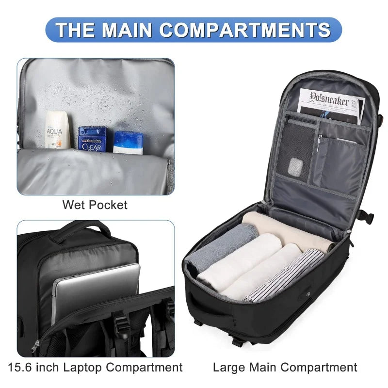 Men's large capacity travel backpack USB charging, multiple compartments