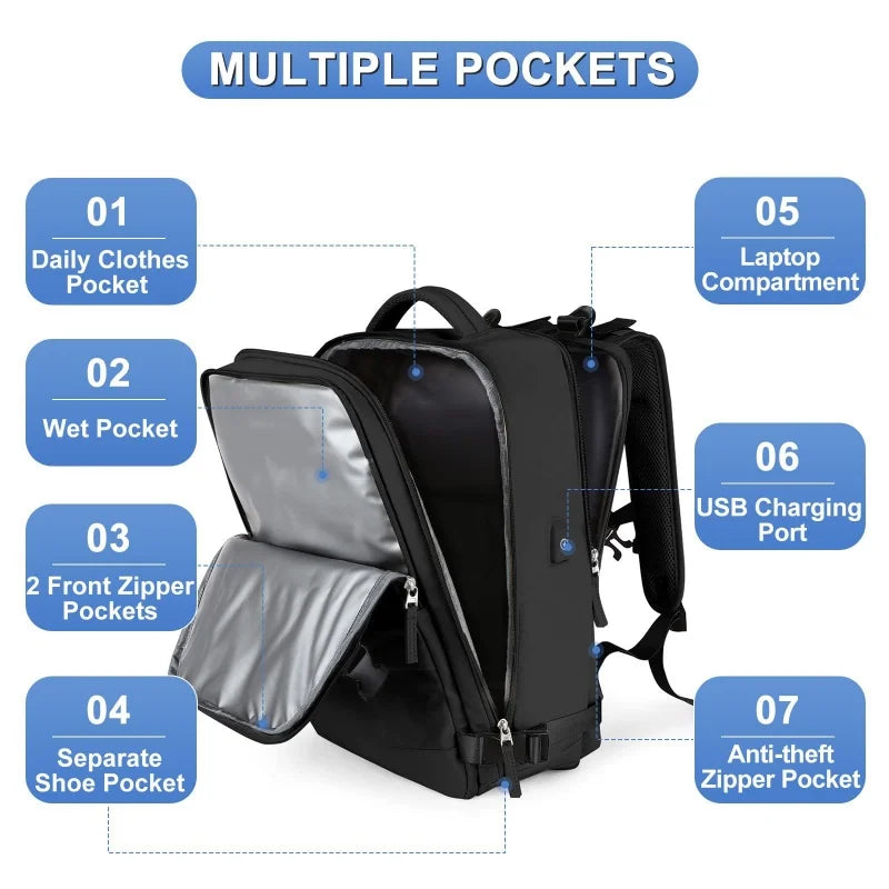 Men's large capacity travel backpack USB charging, multiple compartments